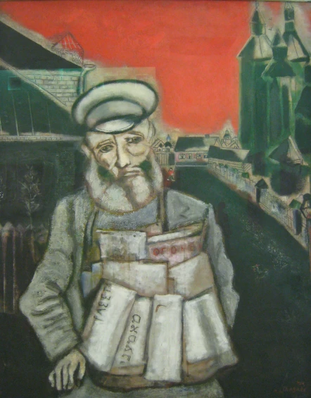 a painting with an old man in front of a city