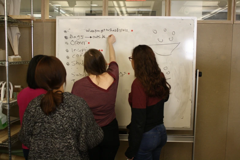 three women in a room at a whiteboard, writing