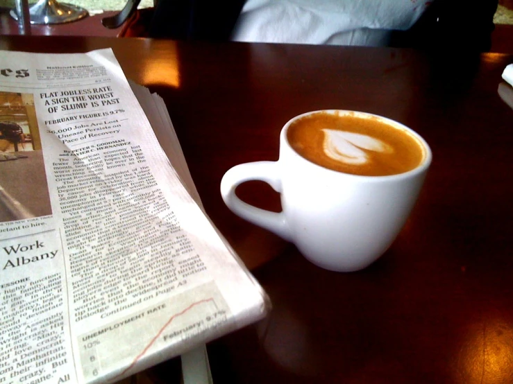 the coffee is sitting in front of the newspaper