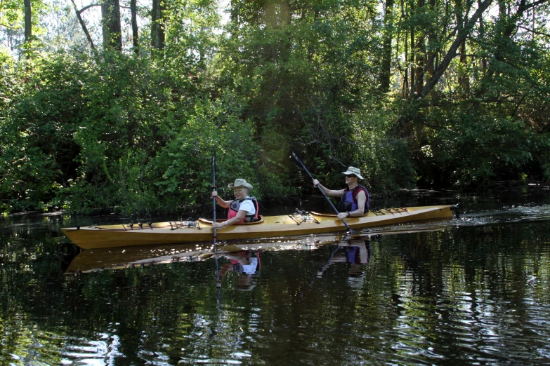 a pair of people in the water on canoes