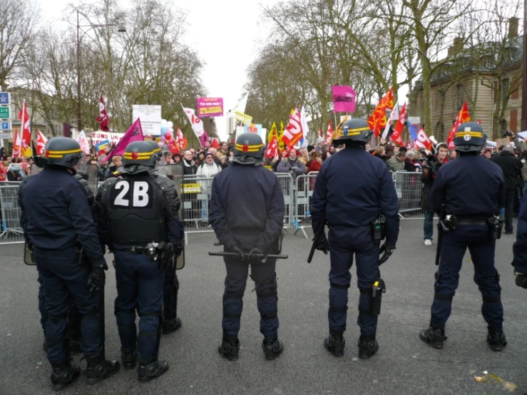 police officers stand in front of a large crowd of people