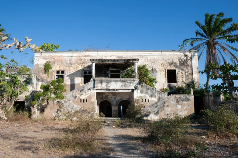 an abandoned stone building with plants growing outside