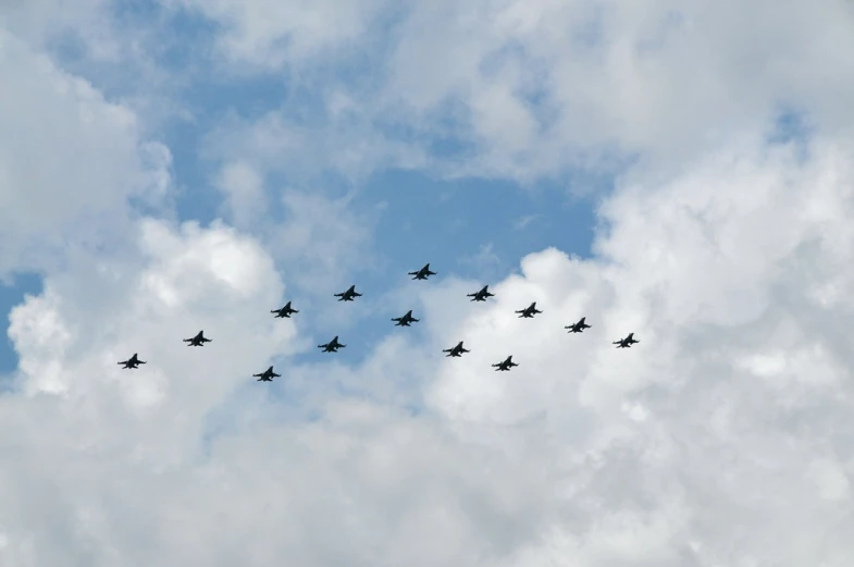 several fighter jets are flying through the air