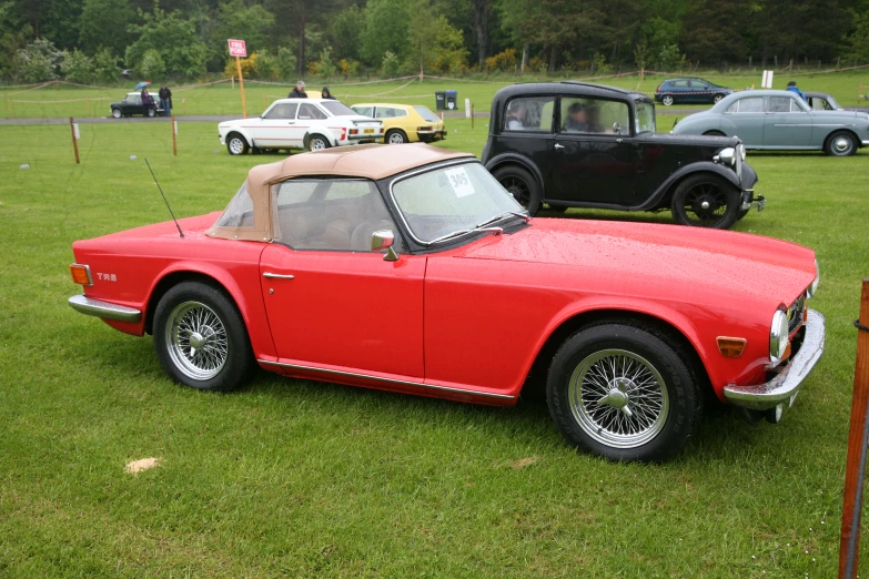 a red classic sports car is parked on grass