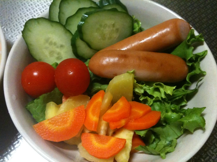 a close up of a bowl with a  dog and vegetables