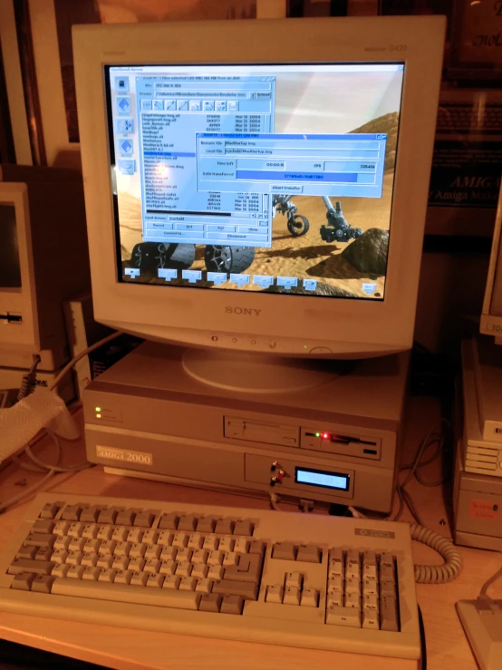 a computer set with an old computer on the monitor