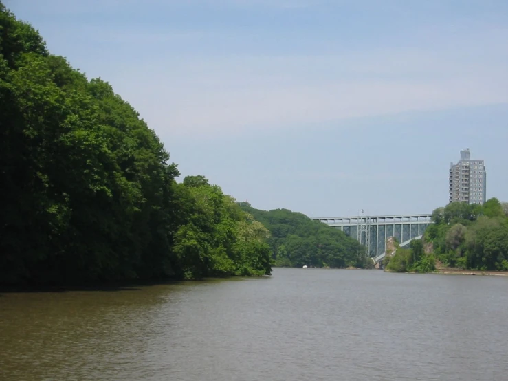 trees lining the shoreline and a bridge in the background