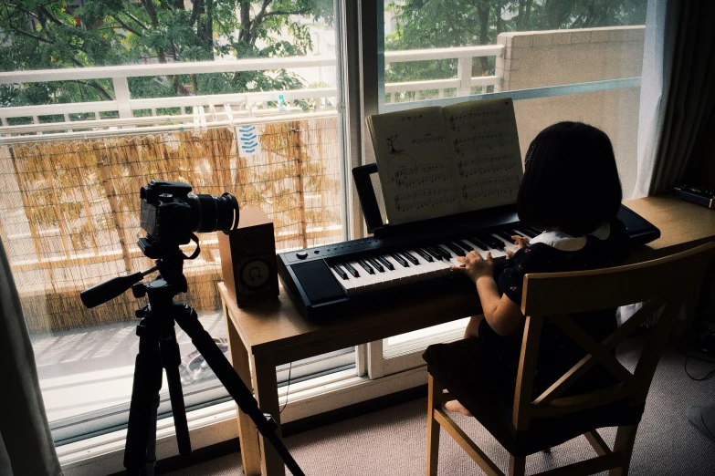 a wooden desk with a camera and a musical instrument on it