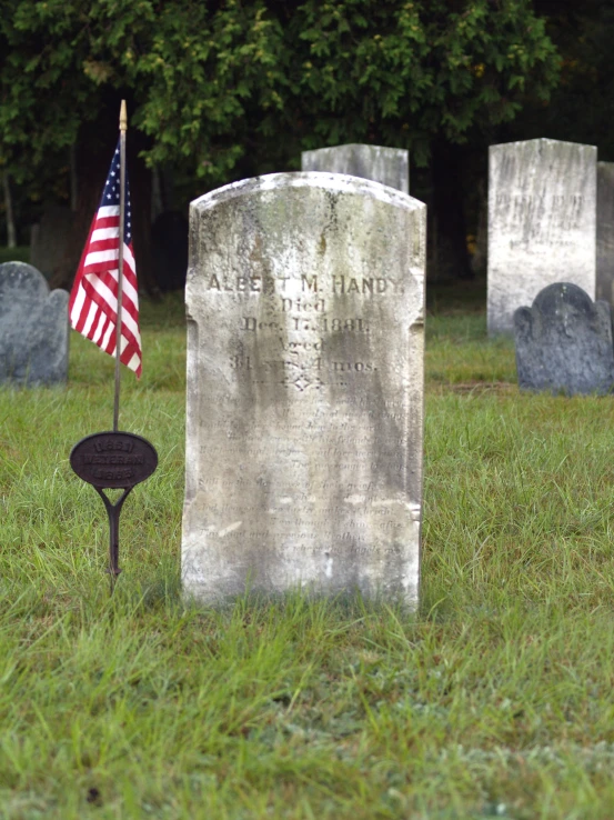 the memorial is in a grassy cemetery area with a flag on top