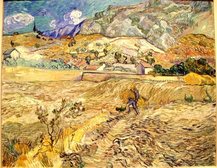 the painting shows two women in front of a mountainous background