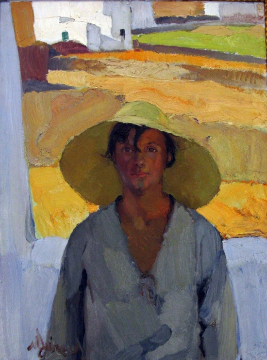painting of a woman wearing a yellow hat