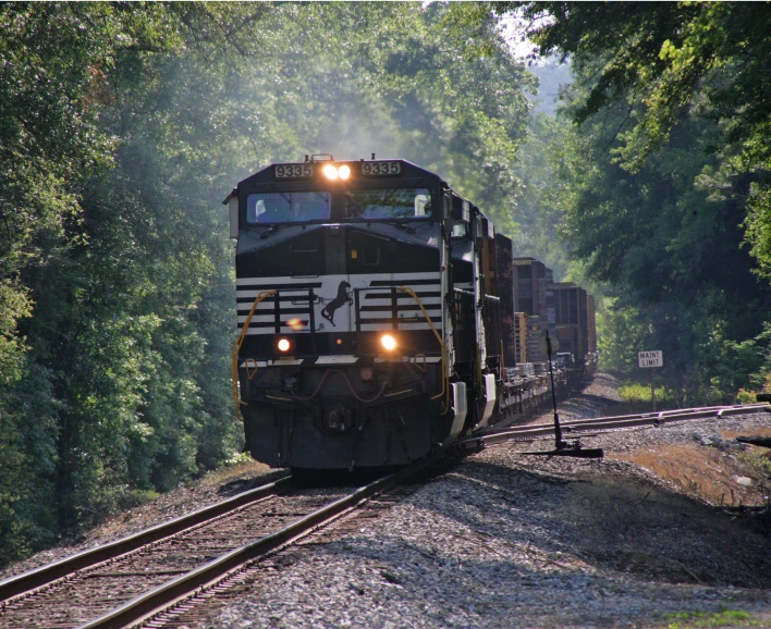 a train traveling down the tracks near many trees