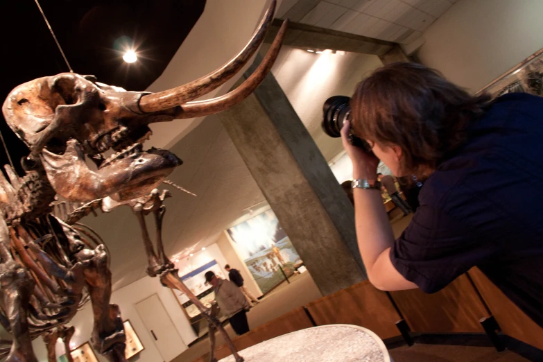 a man takes a pograph while he pographs a dinosaur skeleton