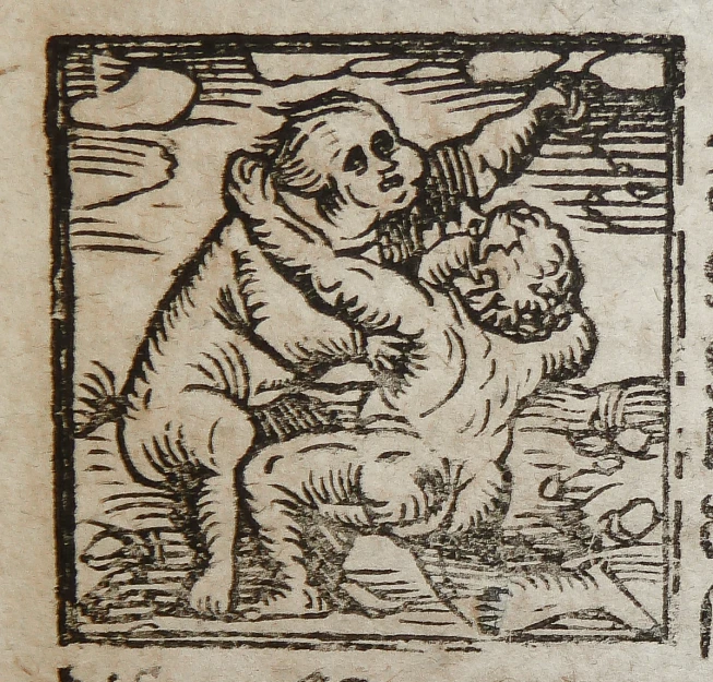 an old print with the image of a man holding a baby