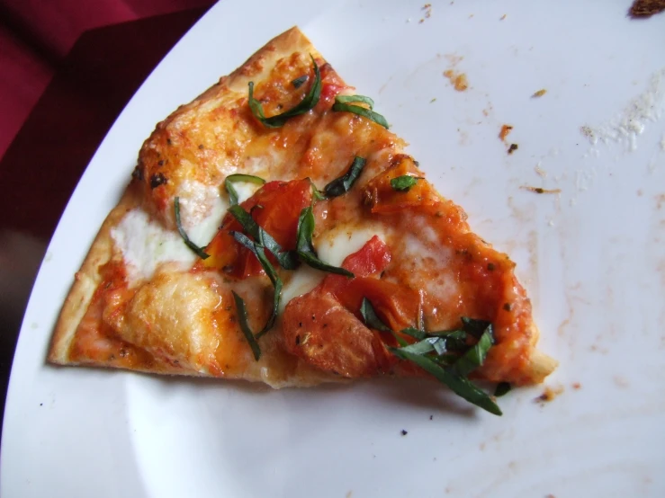 a slice of pizza sitting on top of a white plate