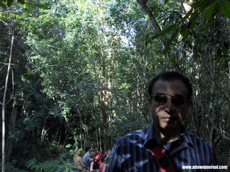 a man with sunglasses and a red tie standing in the woods