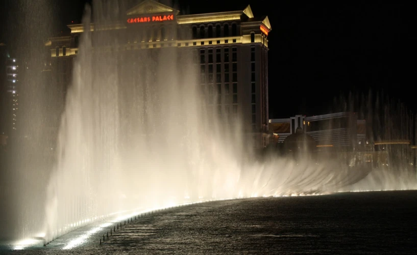 the water features a massive cascade of fountains