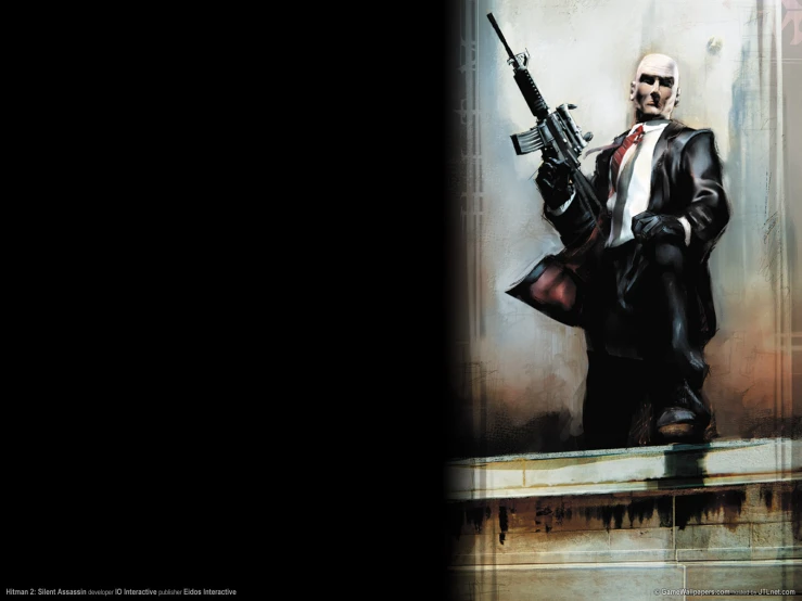 a man in a suit is holding a gun while sitting on a wall
