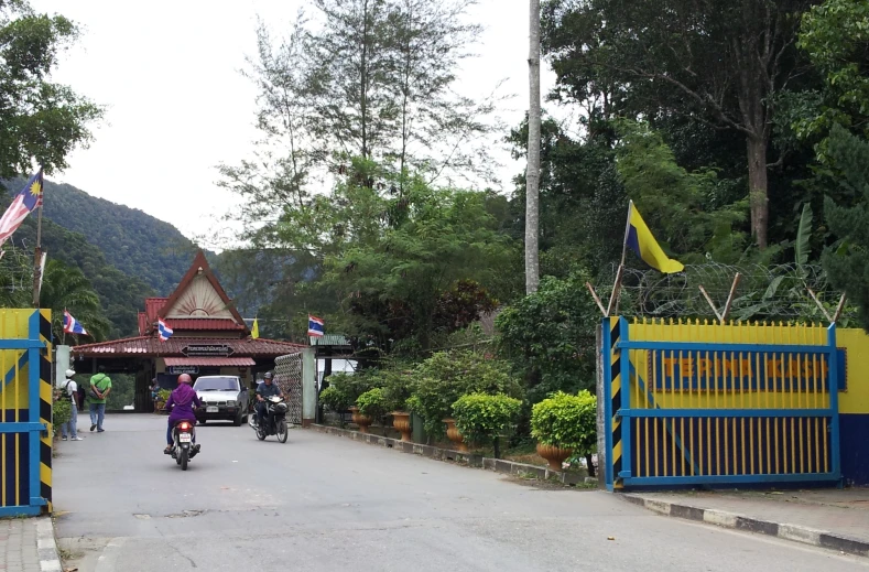 a woman is riding a motorcycle down a road