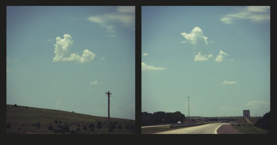 two pictures show clouds in the sky over a highway