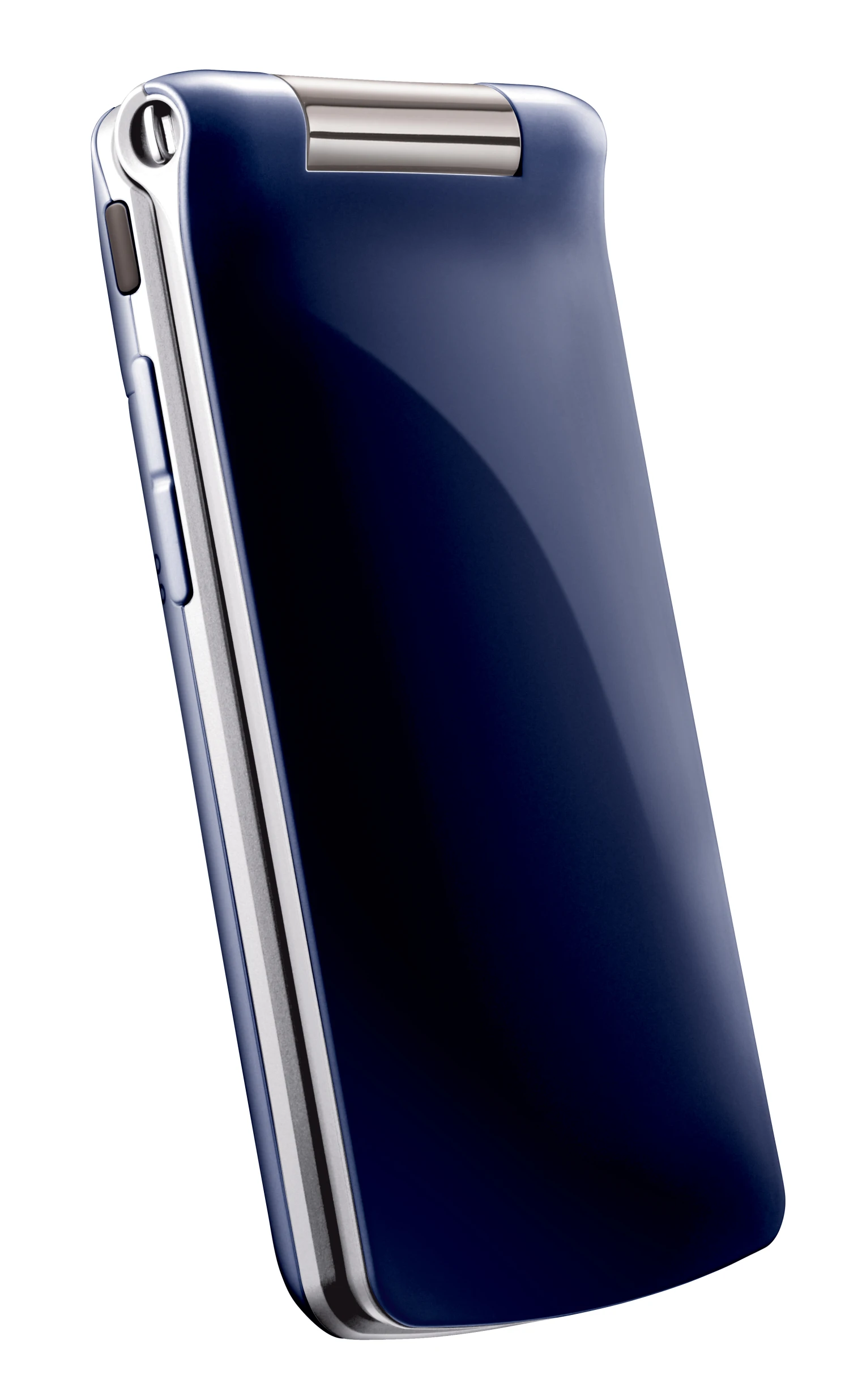 the back side of a white and blue cell phone