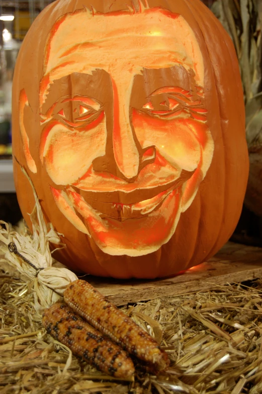 a carved pumpkin with an image of john kasick next to corn