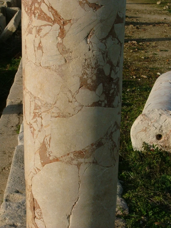 a big concrete pillar near a road and a small dog