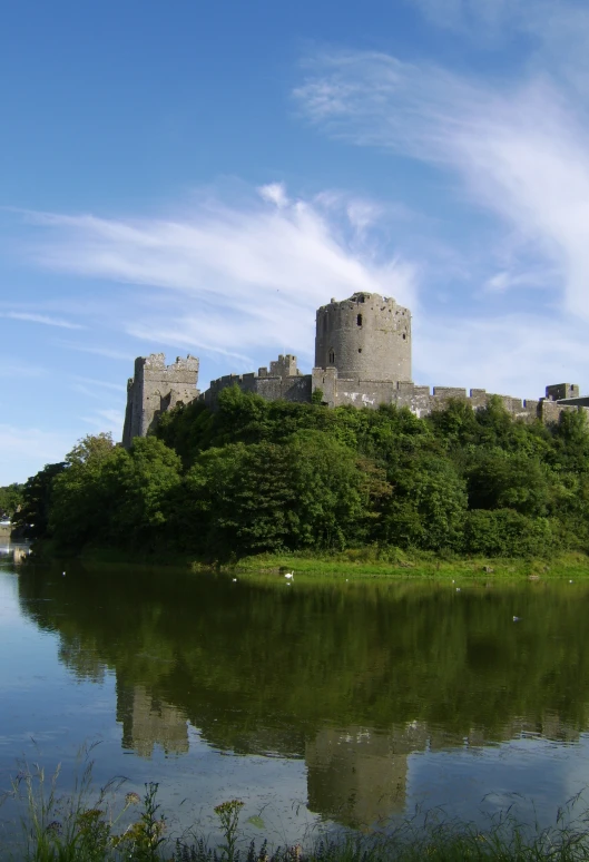 a castle sits on top of a hill over a pond