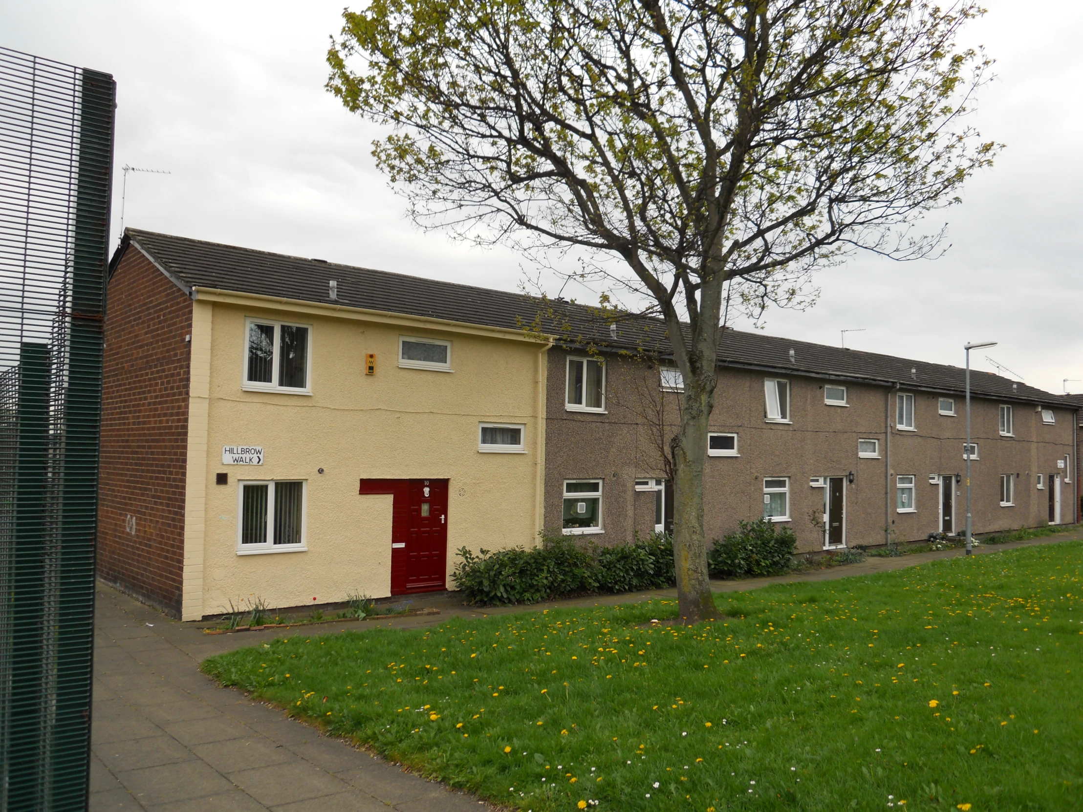 some small buildings with a tree in front of them