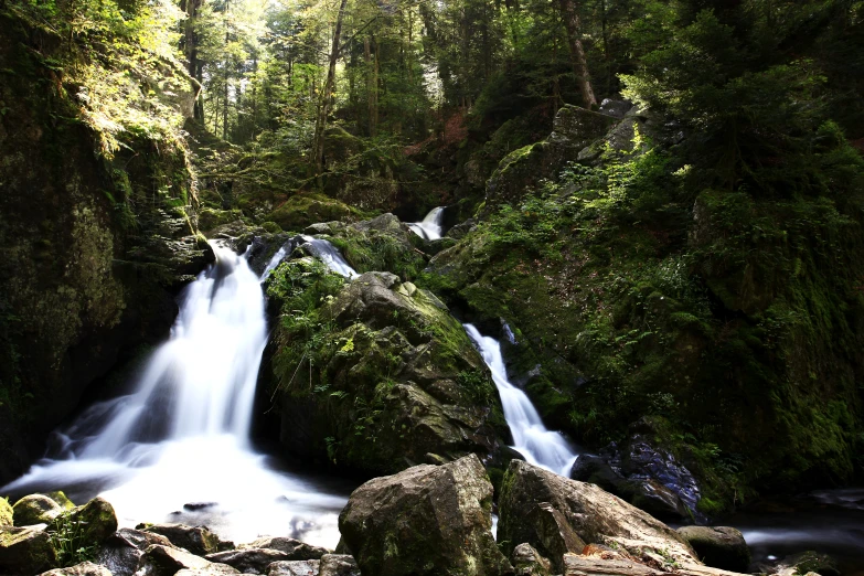 waterfall surrounded by rocks and moss in the woods