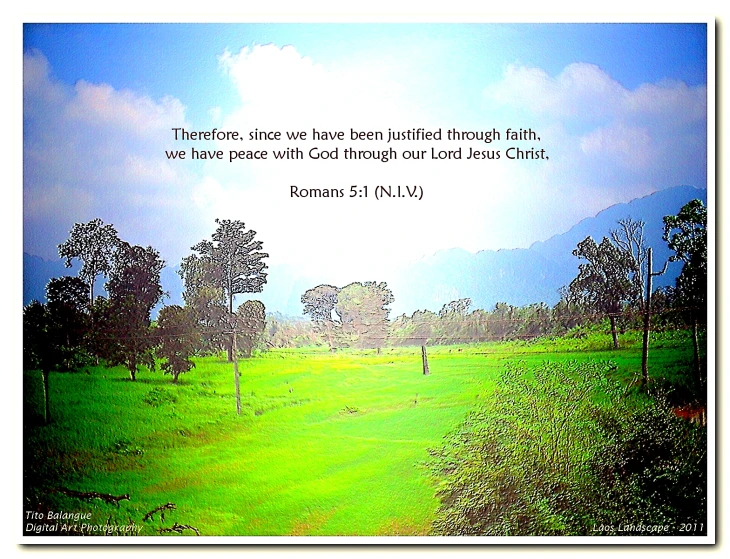 a painting of a scenic landscape with a quote from john 3 16