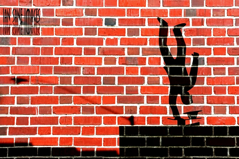 a skateboarder on a brick wall casting a shadow