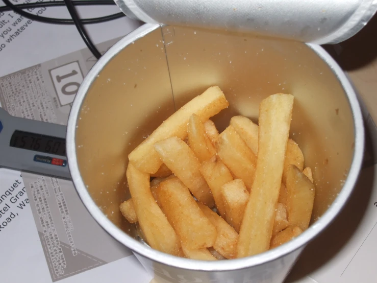 a large tin cup with french fries inside