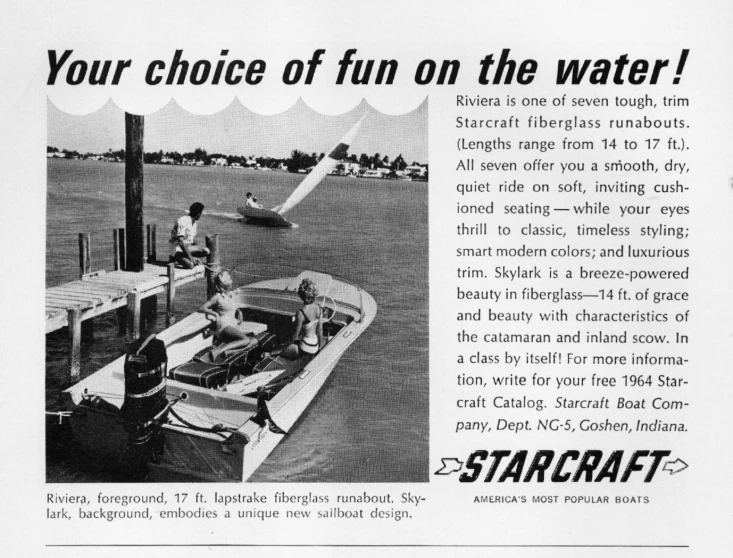 an old ad from the 1950's shows a man preparing a small airplane on a body of water