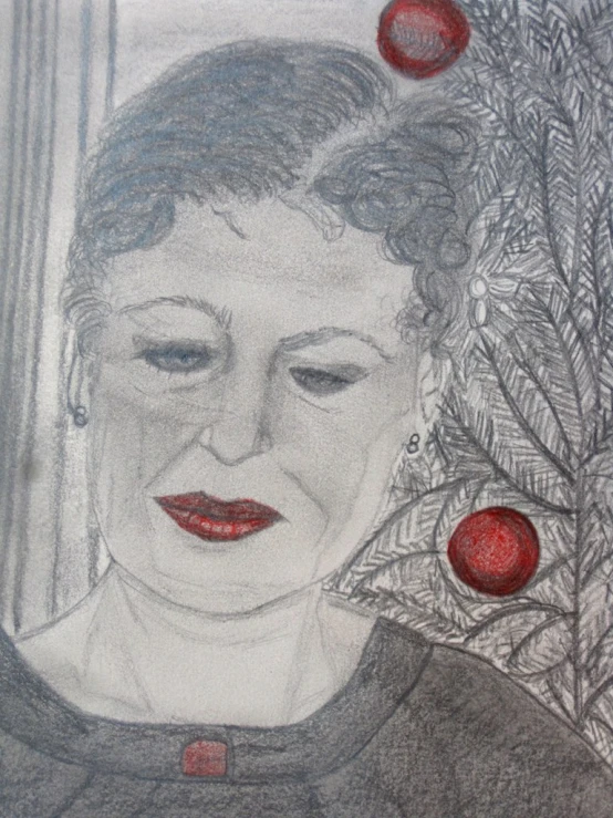 a drawing with many red circles and a woman's face