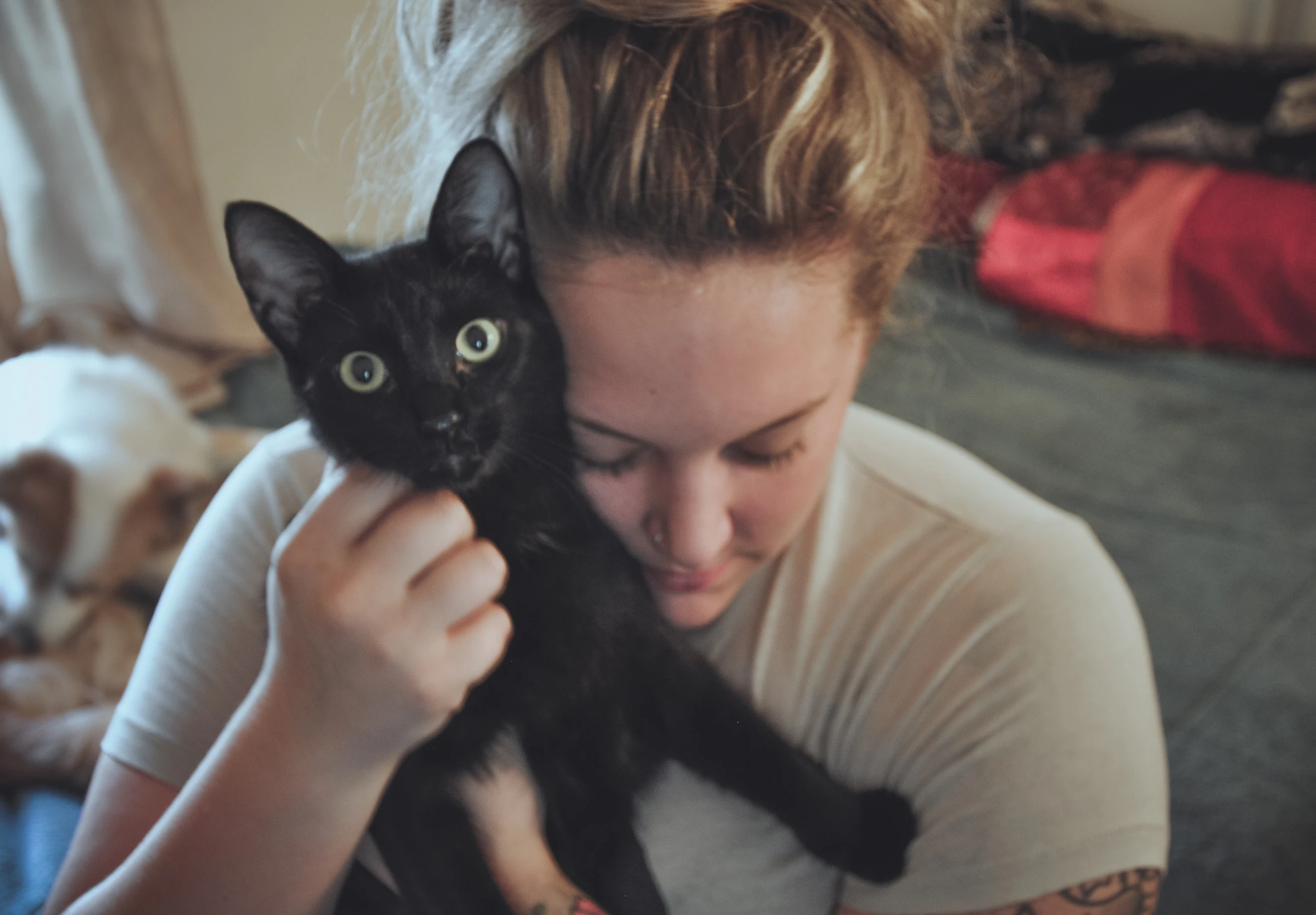 there is a woman holding a cat on her shoulders