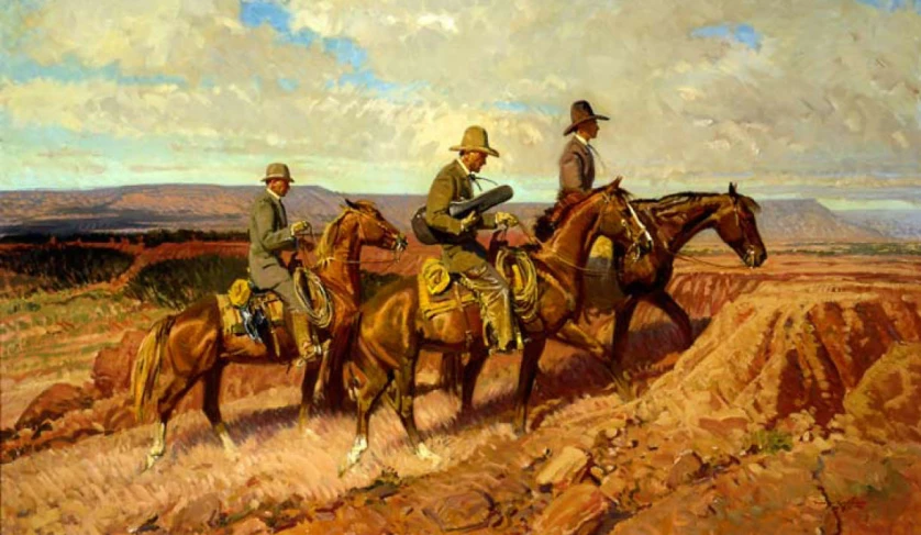 a group of men riding horses across a grass covered field