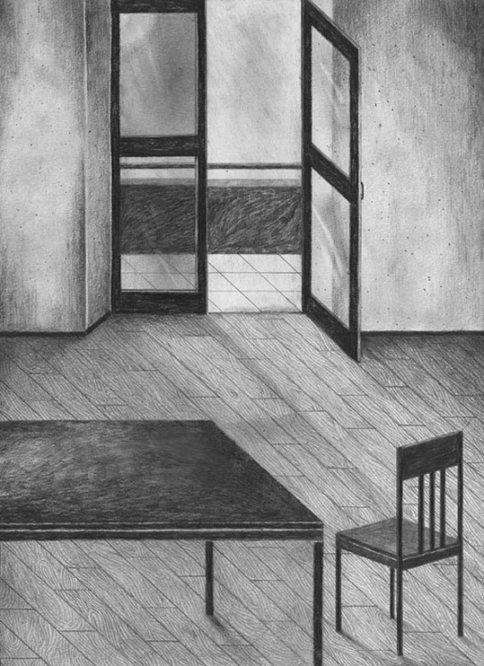 a drawing of a room with a chair and window