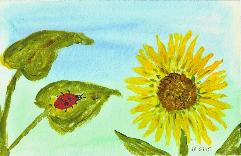 a painting of sunflower and a ladybug