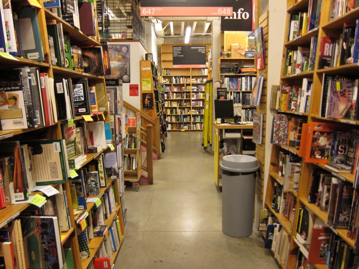 a view down the aisle of a store showing lots of books and magazine racks