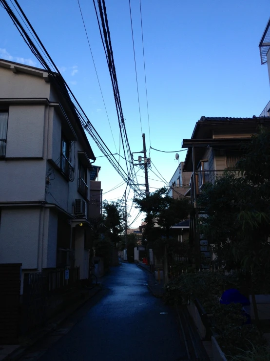 a long narrow alley way between houses with electric poles