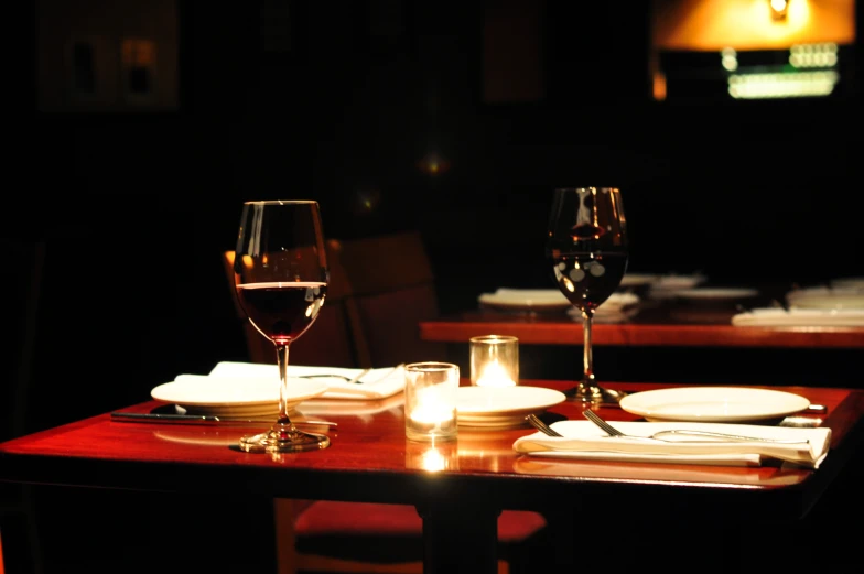 the table is set with several glasses and dishes