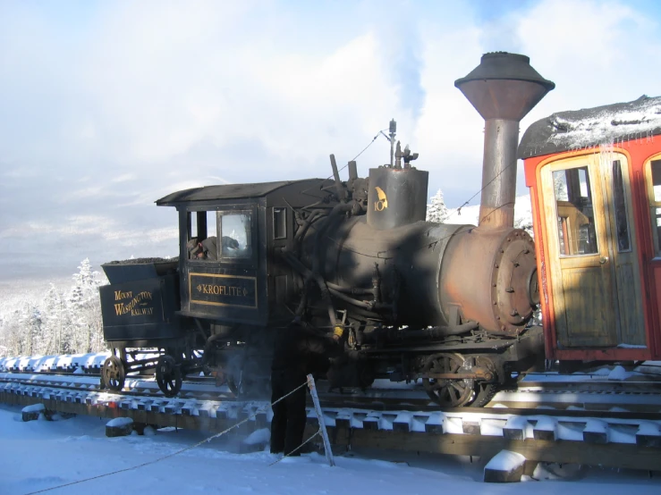 a train on the tracks on a snowy day