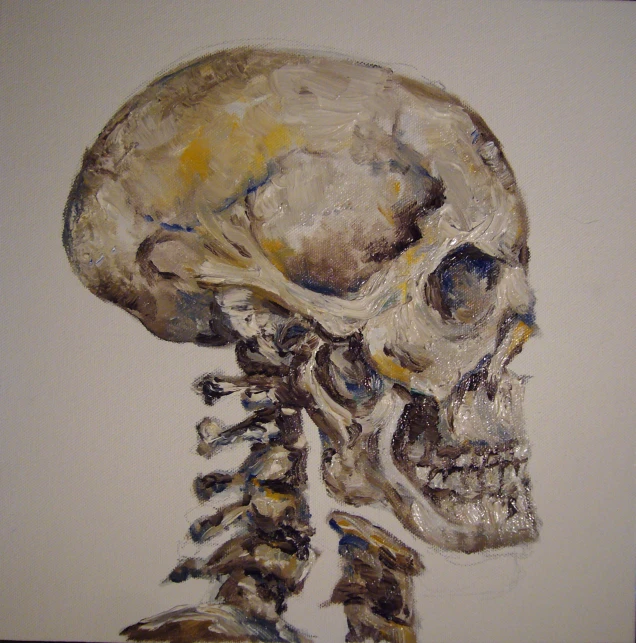 a painting of a human skeleton with a yellow head