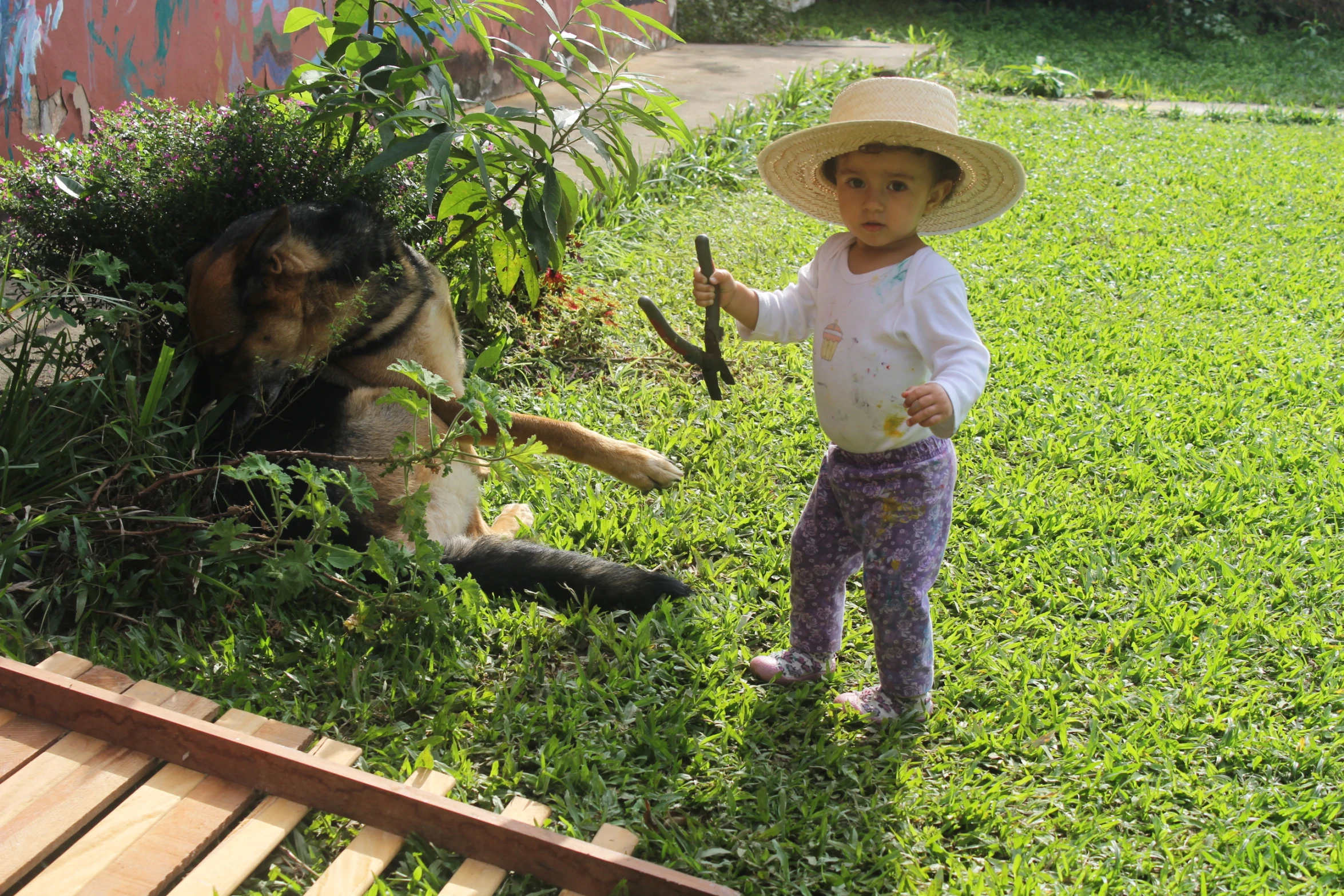 a boy in a hat standing next to a dog