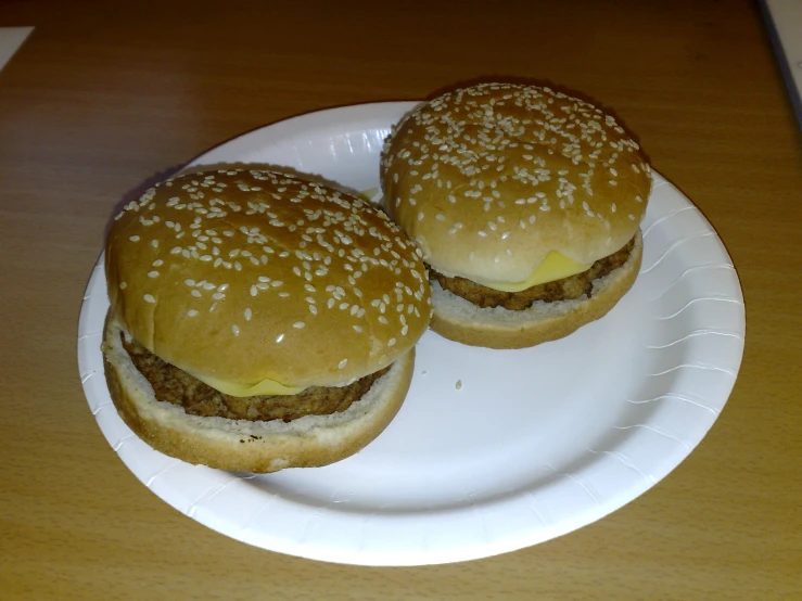 two hamburgers that are sitting on a plate