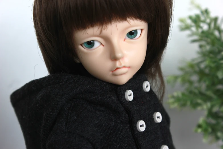 a doll wearing a black jacket with eyes in it