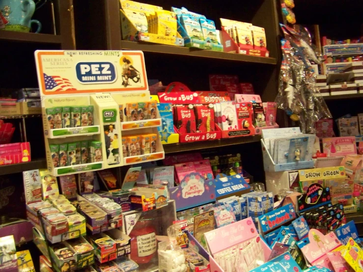 toy shop display filled with toys and boxes