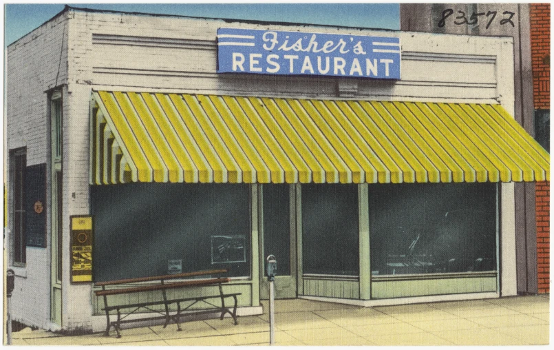 a drawing of a restaurant with awnings and a bench