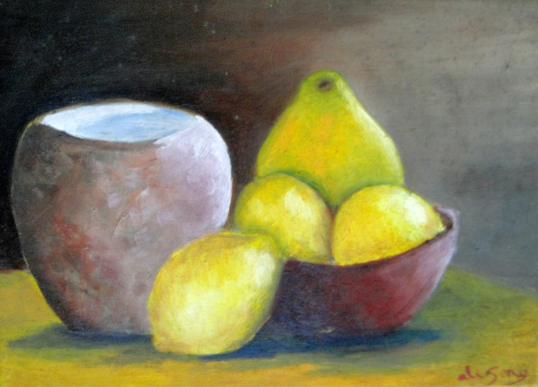 painting of a bowl of yellow apples and a pear